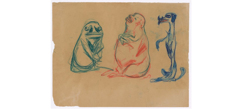 Edvard Munch: Mennesker og dyr. Bødtker, Heiberg og padde. Tegning, 1908–09. Foto © Munchmuseet