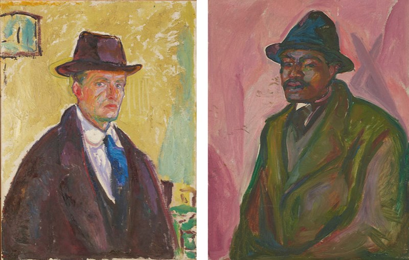 Til venstre: Edvard Munch: Selvportrett med hatt og frakk. Olje på lerret, ca. 1915. Til høyre: Edvard Munch: [Tittel til vurdering]. Olje på lerret, 1916–1917. Foto © Munchmuseet