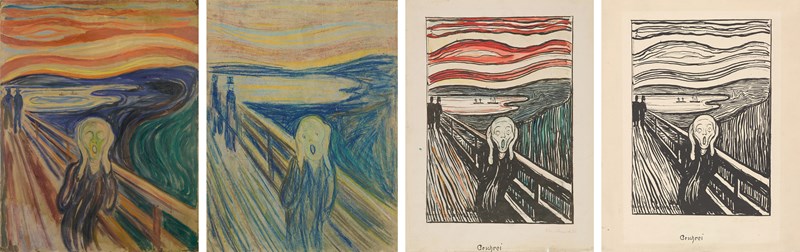 4 of the museum's 8 versions of Edvard Munch's The Scream: A painting with tempera and oil on unprimed cardboard, probably from 1910, a drawing version with crayon from 1893 and 2 of the museum's 6 lithographs from 1895, the one to the left a hand-coloured version.