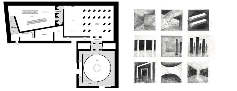 Left: Floor plans of the exhibition, with the three main rooms. Right: Early sketches. © Nissen Richards Studio