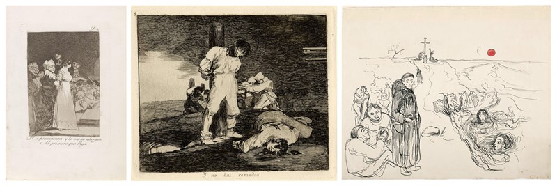 Left: Francisco de Goya, They say yes and give their hand to the first comer, 1797-99 / 1799 (trykk) (No. 2 The Caprices). Middle: Francisco de Goya, And there's nothing to be done, ca. 1810-15 (No. 15 The Disasters of War). Right: Edvard Munch, The Empty Cross, 1899-1900.