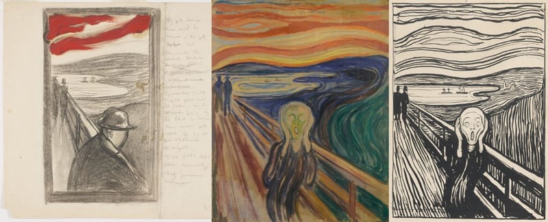 Til venstre er Fortvilelse, en kulltegning med samme bakgrunn som maleriet Skrik. I midten ser du maleriet Skrik og til høyre ser du et litografi av Skrik. Collage