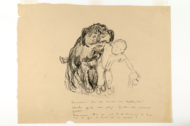 Edvard Munch: Hunden angriper melkeguttten. Fargestift, 1938 (?) Foto © Munchmuseet