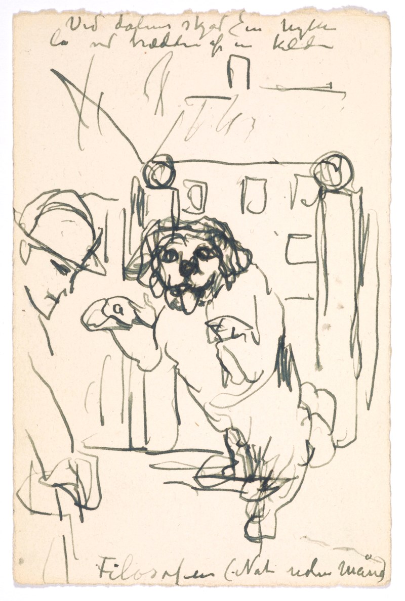 Edvard Munch: Hunden overfaller en mann, penn på papir 1938 (?). Foto © Munchmuseet