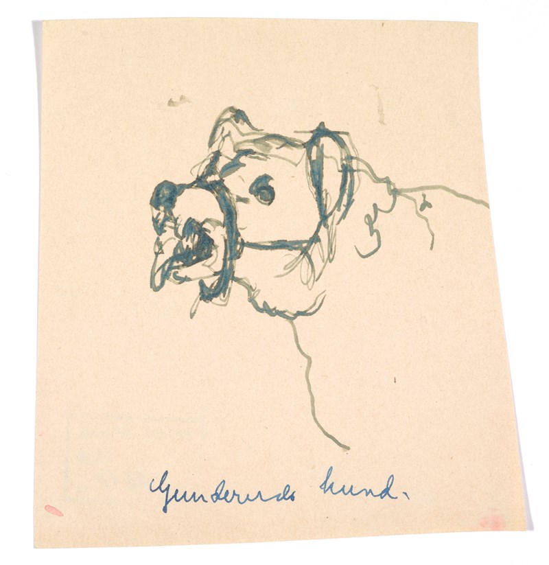 Edvard Munch: Hund med munnkurv (Gunneruds hund - Rolle), penn på papir ca. 1920. Foto ©  Munchmuseet