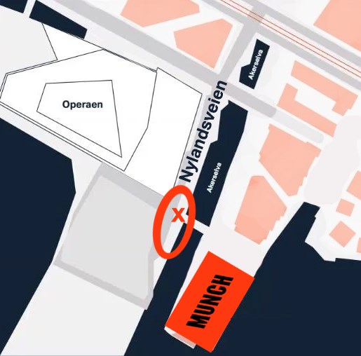 Dette kartet viser hvor man kan slippes av nærmest museet, der Oda Lassons bru møter enden av Nylandsveien. Dette er på østsiden av Operaen, gaten som går helt inntil operabygget, langs Akerselva. MUNCH ligger rett på andre siden av Oda Lassons bru. 