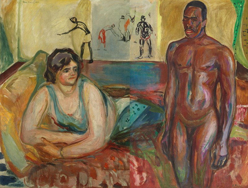 Edvard Munch: Kleopatra og slaven, 1916. En hvithudet kvinne ligger på siden og ser mot en naken mørkhudet mann som står ved siden av henne. Maleri 