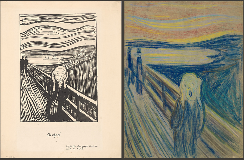 To versjoner av Edvard Munchs Skrik: Litografi, 1895 / Fargestift på papp, 1893. Foto © Munchmuseet