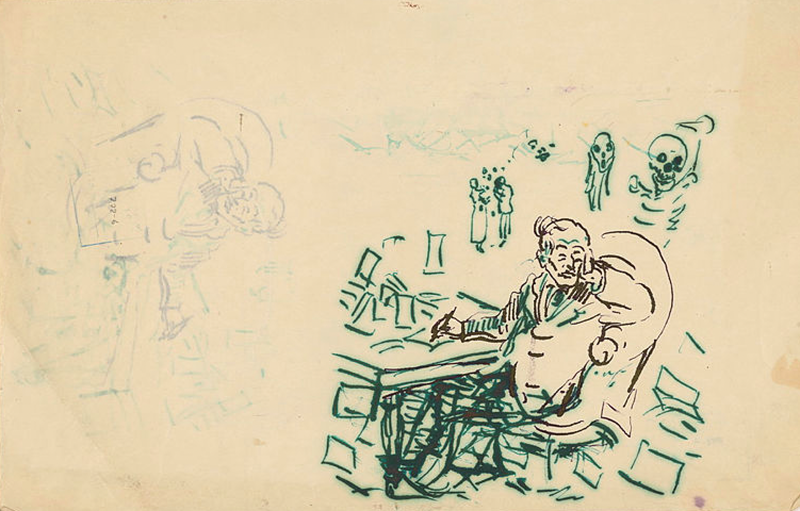 Edvard Munch sitter, tydelig oppgitt, ved sin skrivepult i et brevkaos. Hektografi