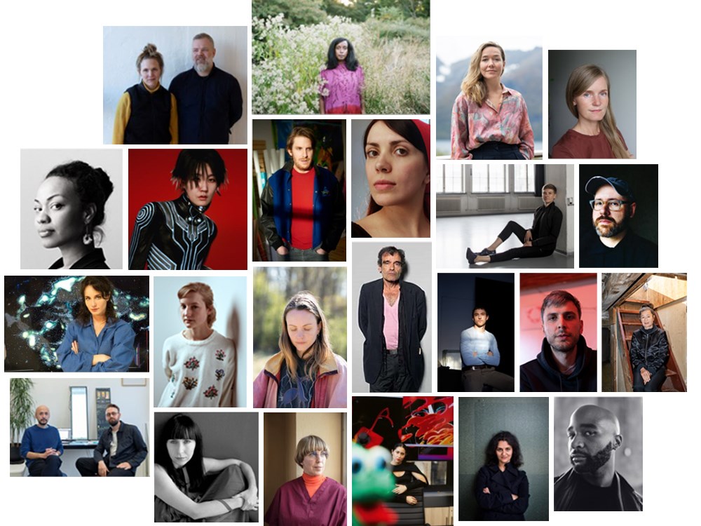 Collage av portrettbilder av alle de 25 kunstnerne som deltok under MUNCH Triennale 2022. Fotocollage