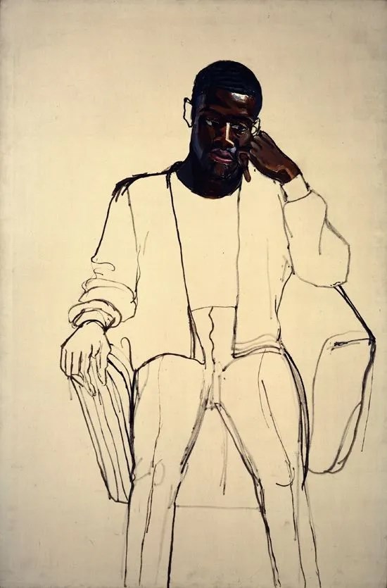 Portrett av en ung mann med afrikansk utseende som sitter i en stol, ansiktet og den ene hånden er  fargelagt mens resten av kroppen er skissert. 