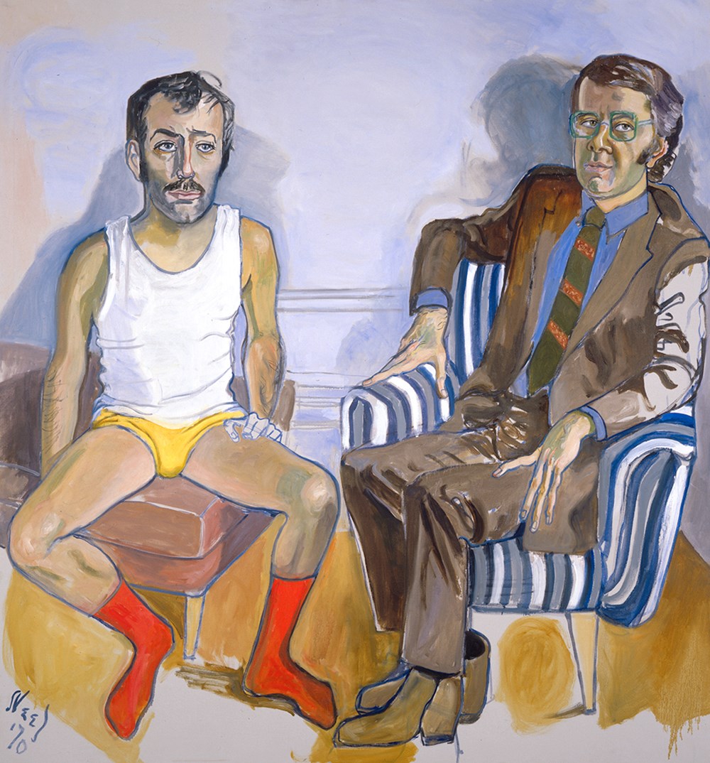 A painting of two seated men. One is sitting on a stool, dressed in a white singlet, yellow underpants and red socks. The other is reclining in a blue and white-striped armchair, wearing a brown suit with a light blue shirt, striped tie and light brown boots. The man in the suit looks at us with a sly smile. 