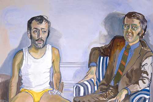 A painting of two seated men. One is sitting on a stool, dressed in a white singlet, yellow underpants and red socks. The other is reclining in a blue and white-striped armchair, wearing a brown suit with a light blue shirt, striped tie and light brown boots. The man in the suit looks at us with a sly smile. 