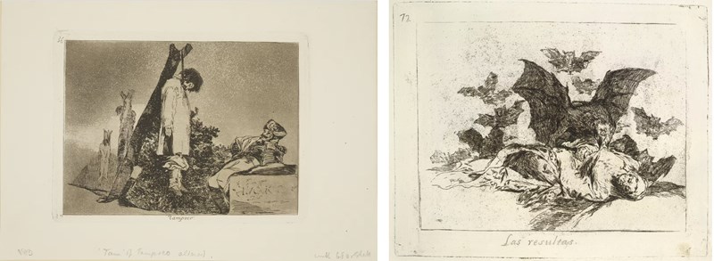 Fra serien "Krigens grusomheter" av Fransisco de Goya. Til venstre: Heller ikke denne gang, ca. 1810-1813 (plate) / 1863 (trykk) (Nr. 36 Krigens grusomheter). Etsning, lavis med polérstål, koldnål, stikkel og polérstål, med platetone. Til høyre: Konsekvensene, c.1814-15 (plate) / 1863 (trykk) (nr. 72 Krigens grusomheter). Etsning med platetone.