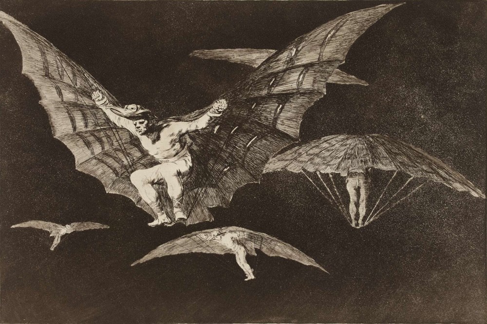 Francisco de Goya, En måte å fly på, 1816–23 (Nr. 13, Dårskapene). Etsning, akvatint og koldnål.
