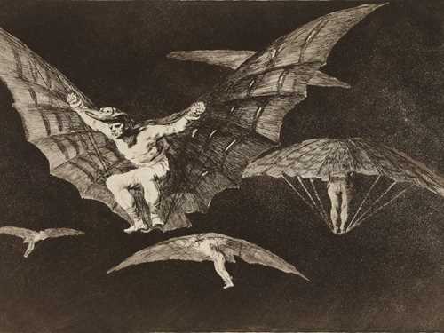Francisco de Goya, En måte å fly på, 1816–23 (Nr. 13, Dårskapene). Etsning, akvatint og koldnål.