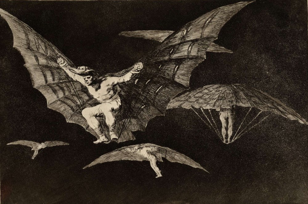 Francisco de Goya, En måte å fly på, 1816–23 (Nr. 13, Dårskapene). Etsning, akvatint og koldnål. 