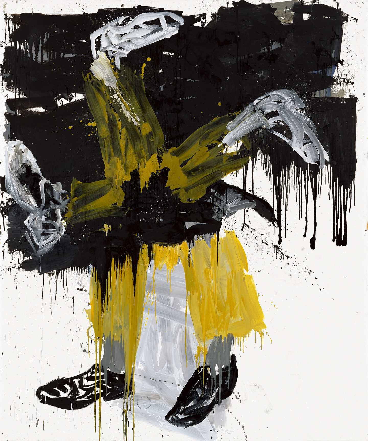 Georg Baselitz, 2005, Olje på lerret, føtter med sorte sko og gule bukser.