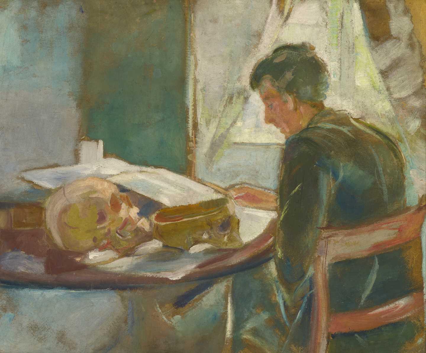 Portrett av Andreas: På høyre side av maleriet sitter en mann ved et bord. Det er et vindu i bakgrunnen. Han studerer. På bordet er det plassert to hodeskaller. Den ene er hel. Den andre er delt, der den øvre halvdelen er avskåret.
