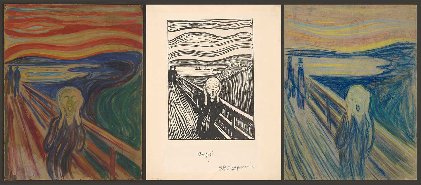 At MUNCH you will find three versions of Edvard Munch's The Scream – a painting, a drawing and a print. One of these is always on display, while the other two rest in the dark.