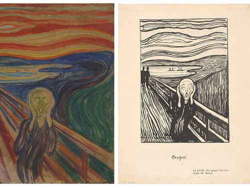 Tre versjoner av Edvard Munchs Skrik: Tempera og olje på papp, 1910? / Litografi, 1895. / Fargestift på papp, 1893. Foto © Munchmuseet