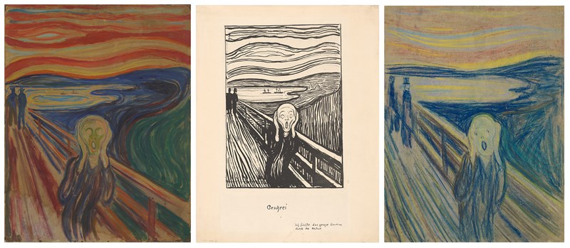 Tre versjoner av Edvard Munchs Skrik: Tempera og olje på papp, 1910? / Litografi, 1895. / Fargestift på papp, 1893. Foto © Munchmuseet