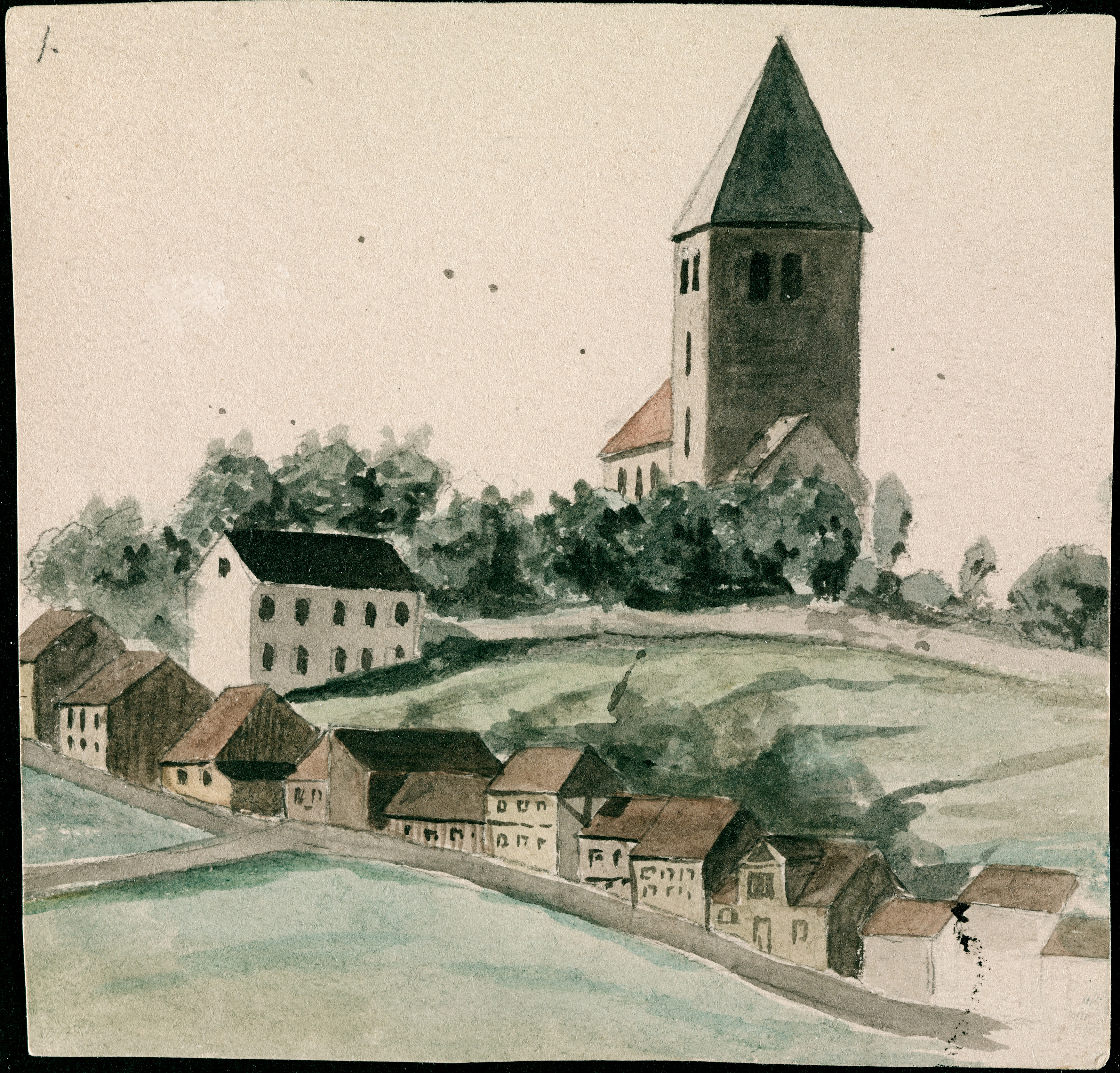 Edvard Munch: Gamle Aker Kirke og Telthusbakken. Akvarell, 1877. Foto ©Munchmuseet