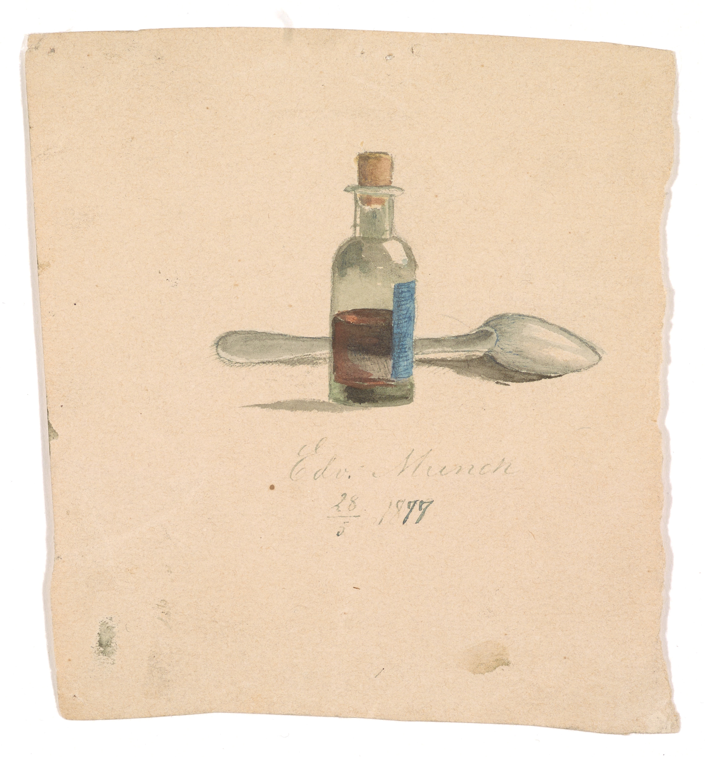 Edvard Munch: Medicine bottle and spoon. Watercolor on paper, 1877. Photo © Munchmuseet
