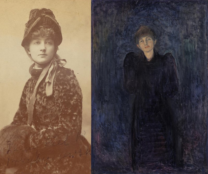Til venstre: Utsnitt av portrettfoto av Dagny Juel, 1884. Til høyre: Edvard Munch: Dagny Juel Przybyszewska. Olje(?) på papir, 1893.