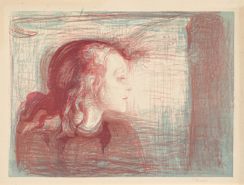 A printed portrait of a young girl in profile, shown from the shoulders up, drawn with many fine lines. Her pale face almost disappears into the pillow on which she rests. The eyes are half closed. The hair and upper body are rust red against the greyish-white background of the pillow. 