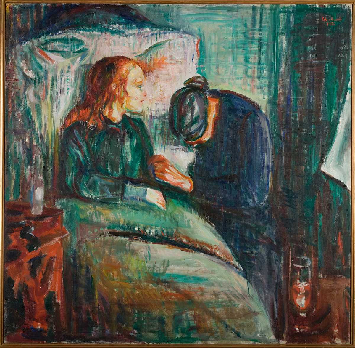 Edvard Munch: Det syke barn. Olje på lerret, 1927. Et barn med rødt hår ligger i en seng støttet opp av en stor pute. En kvinne, kledd i svart, sitter ved siden av henne med hodet bøyd ned. Maleri