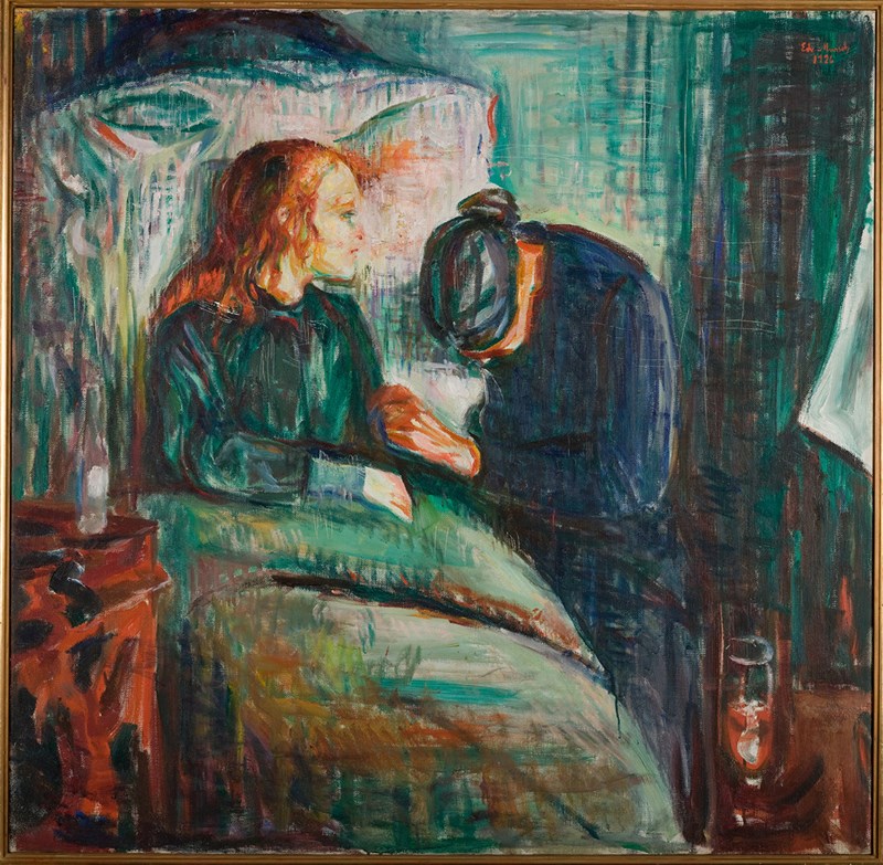 Edvard Munch: Det syke barn. Olje på lerret, 1927. Et barn med rødt hår ligger i en seng støttet opp av en stor pute. En kvinne, kledd i svart, sitter ved siden av henne med hodet bøyd ned. Maleri