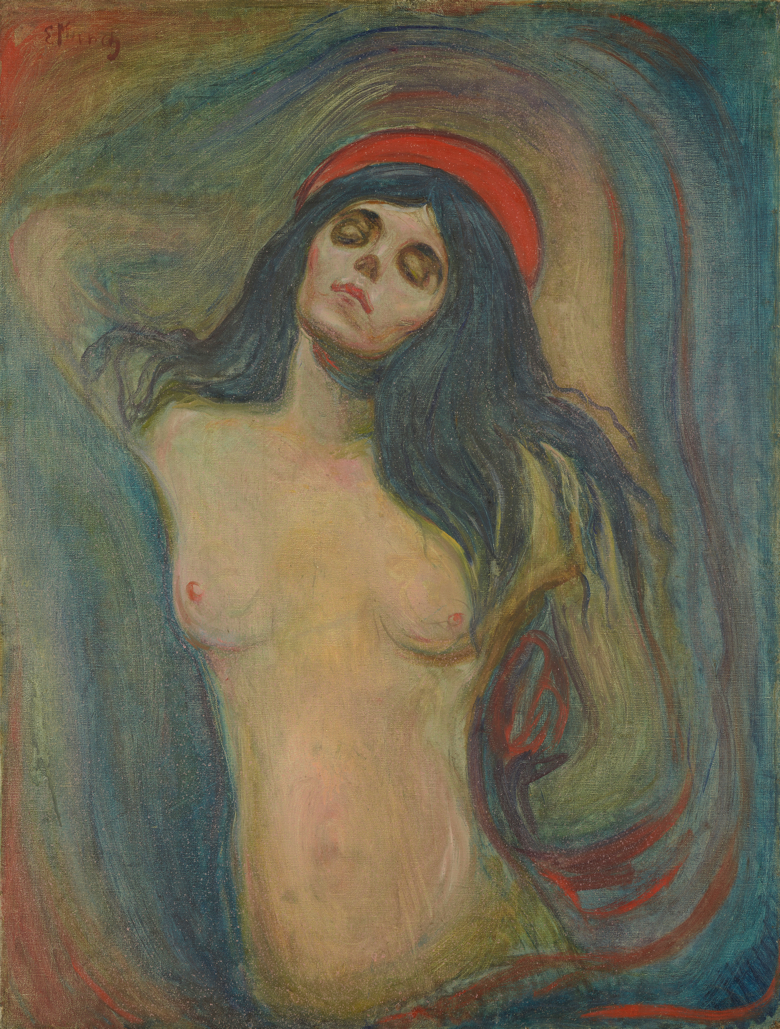 A naked woman shown from the hips up stands or lies against a meandering background. She has one arm raised behind her head and the other resting behind her hips. Her eyes are closed and her face is framed by long, black hair. Behind her head she has a red circle that could be a hat or a halo. 