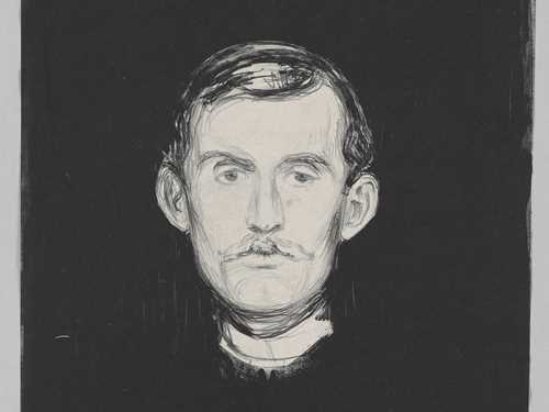 A black and white print showing a self-portrait by Edvard Munch. Only his head and left arm are visible. Otherwise, the image is black, as if the pale head is floating in the dark. Oddly enough, the arm and hand are depicted as bone. 