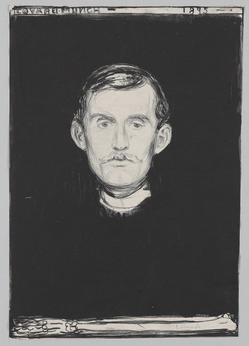 A black and white print showing a self-portrait by Edvard Munch. Only his head and left arm are visible. Otherwise, the image is black, as if the pale head is floating in the dark. Oddly enough, the arm and hand are depicted as bone. 