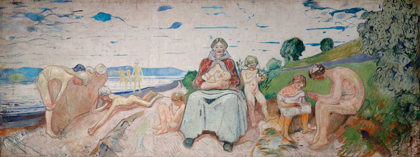 A painting in a very wide format. It shows a beach landscape in summer with several people. In the middle of the picture sits a mother nursing a baby. Around her are children playing in the sand and exploring nature. The sky is cloudy. 