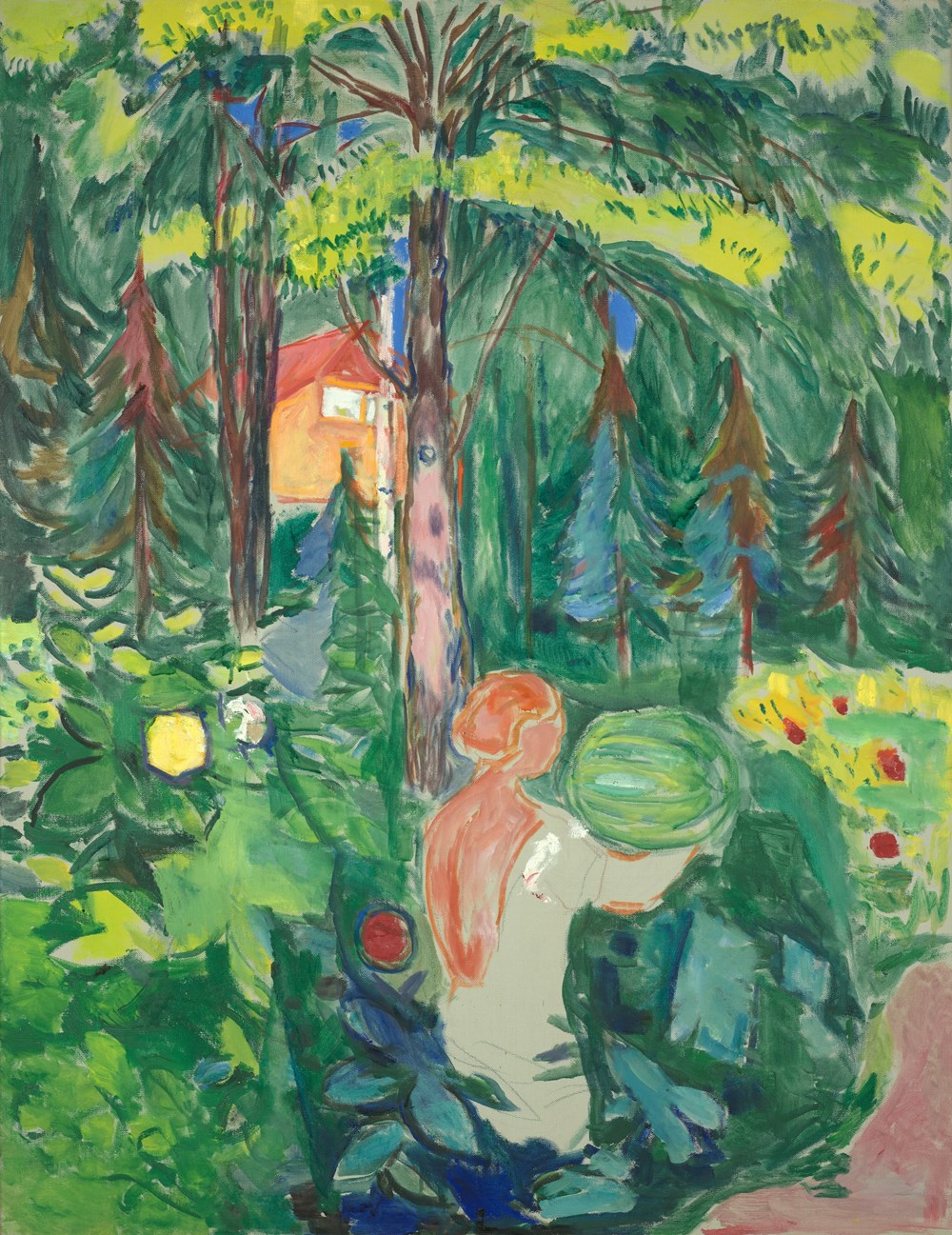 Maleri av en kvinne i skogen med et gresskar i hendene og et hus i bakgrunnen