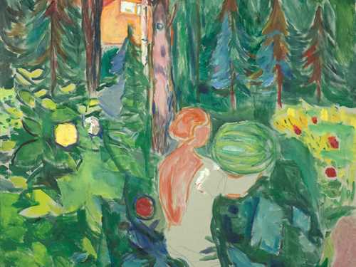 Maleri av en kvinne i skogen med et gresskar i hendene og et hus i bakgrunnen