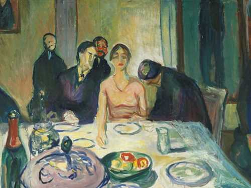 An elegantly dressed woman sits at a table set for a celebratory meal. Around her are several men in dark suits with partially blurred facial expressions. The men closest to the woman lean towards her, and one of them appears to be holding her hand. The woman stares straight ahead with an unfathomable gaze. 