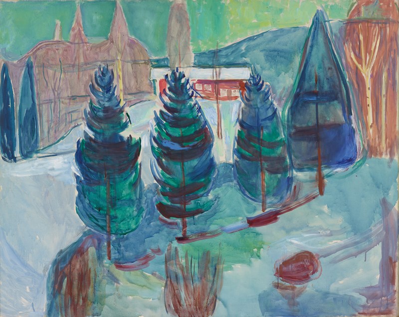 Edvard Munch: Rødt hus og grantrær. Olje på lerret, 1942-43. Foto © Munchmuseet