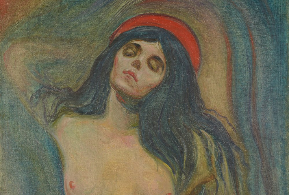 A naked woman shown from the hips up stands or lies against a meandering background. She has one arm raised behind her head and the other resting behind her hips. Her eyes are closed and her face is framed by long, black hair. Behind her head she has a red circle that could be a hat or a halo. 