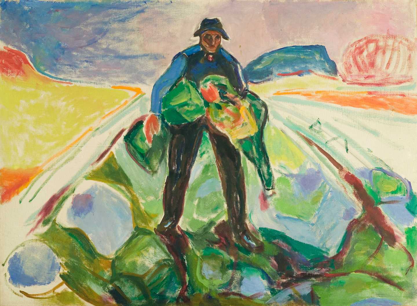Edvard Munch: Mannen i kålåkeren, 1943. En mann står bredbent midt i en kålåker og har favnen full av kål. Åkeren er malt i gul-, hvit- og grønntoner. Maleri