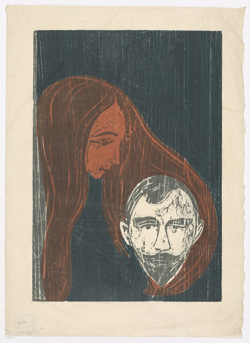 Edvard Munch, Mannshode i kvinnehår, 1896. Tresnitt trykt i farger.