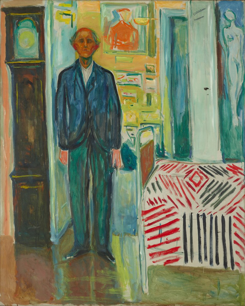 Edvard Munch: Selvportrett. Mellom klokken og sengen. Olje på lerret, 1940-43. Foto © Munchmuseet 