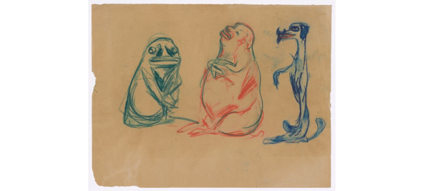 Edvard Munch: People and animals. Bødtker, Heiberg and toad. Drawing, 1908–09. Photo © Munchmuseet