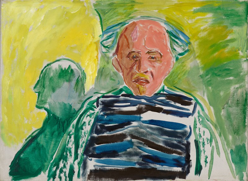 Edvard Munch: Selvportrett, 1940–43. En gammel mann i halvfigur sitter med armene ned langs siden. I bakgrunnen ser man konturen av en annen mann. Bildet er i gul- og grønntoner. Maleri