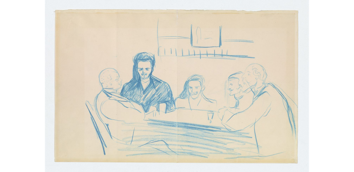 Edvard Munch: Artists Around a Table. Zum Schwartzen Ferkel. Crayon, 1893 (plausible). Photo: © Munchmuseet