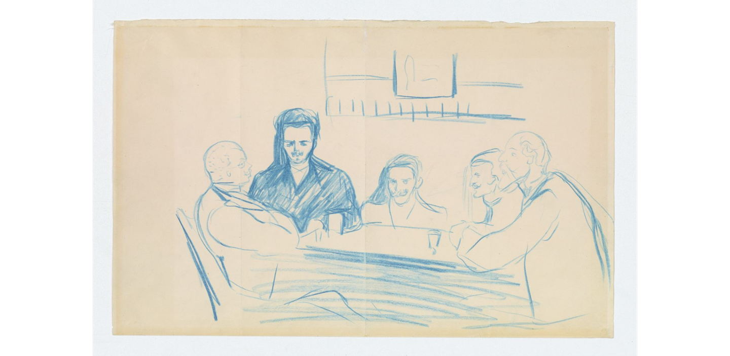Edvard Munch: Kunstnere rundt et bord. Zum schwartzen Ferkel, 1893 (sannsynlig). En tegning laget med blå fargestift som viser fem mennesker rundt et bord. Tegning