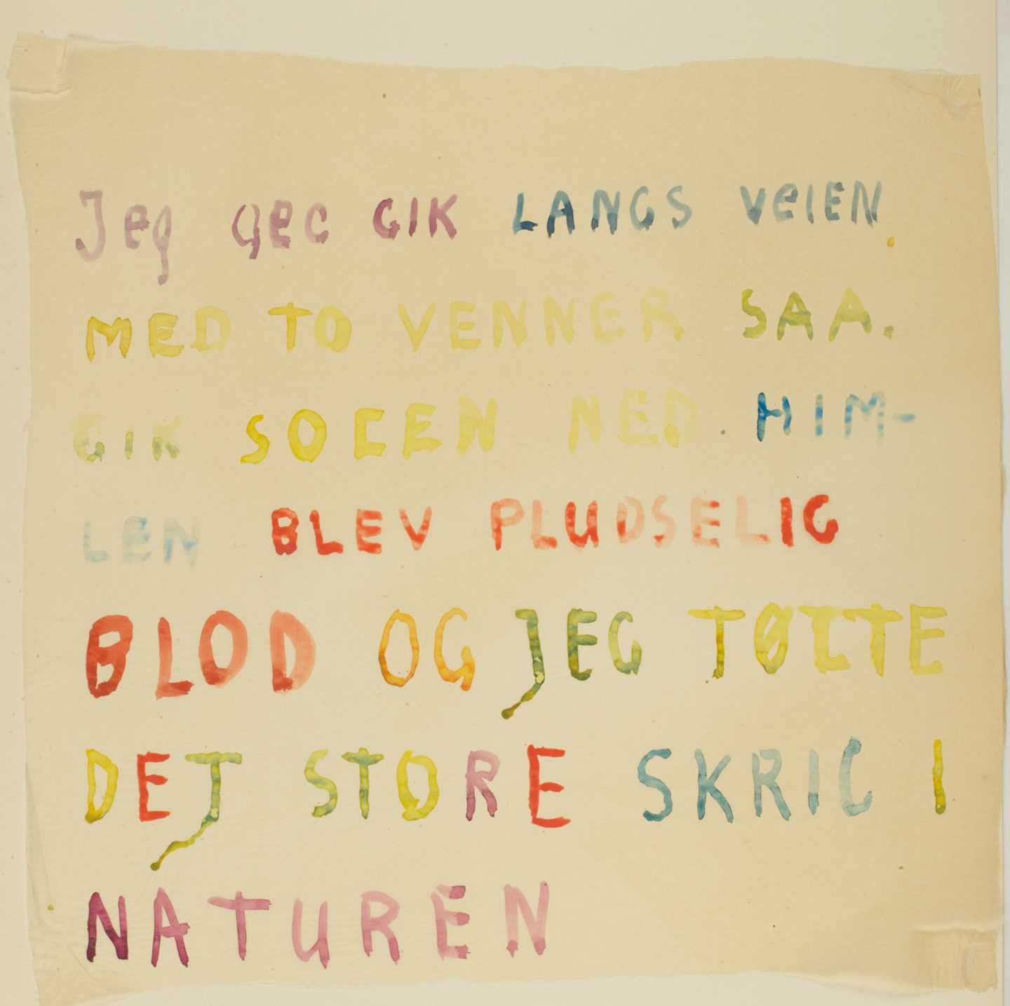 Edvard Munch: Handwritten text. "I was walking along the road with two friends". Watercolor, circa 1930. Photo © Munchmuseet