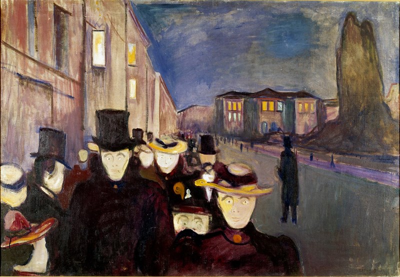 Edvard Munch, Aften på Karl Johan, 1892. Olje på ugrundert lerret.